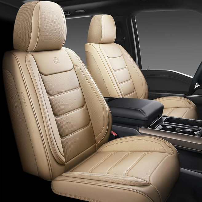 Isen-CoverAuto 인조가죽 카시트커버 풀세트 5인승 SUV 픽업트럭용 블랙, Beige, Front Pair, 1개