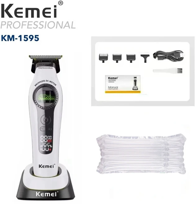 Kemei 외부 로터 브러시리스 모터 업그레이드된 헤어 트리머 전문가용 클리퍼 충전대 남성용 KM-1593, 02 KM-1595 White No box