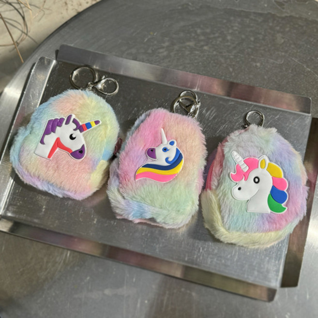MOOLDN 파스텔 무지개 유니콘 동전 지갑 미니 파우치 유치원 어린이집 가방 고리 키링 (3colors), C, 혼합색상, 1개
