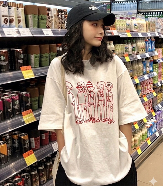 와이엔디샵 여성 오버핏 캐릭터 프린팅 반팔티 드롭숄더 루즈핏 티셔츠