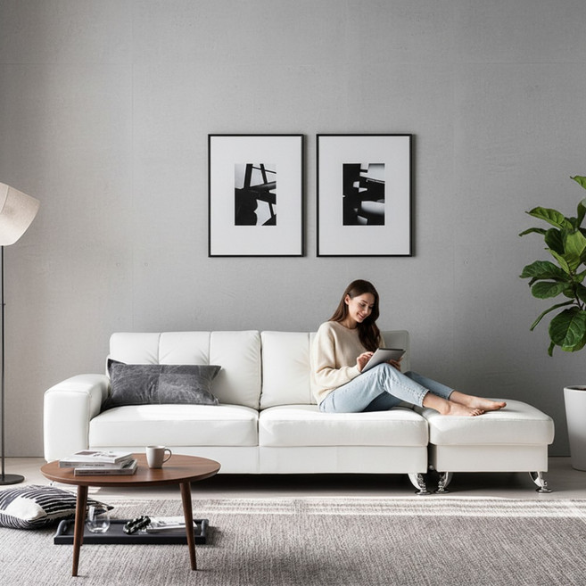 자네트 까벨로 3인용 가죽쇼파 스툴포함, WHITE