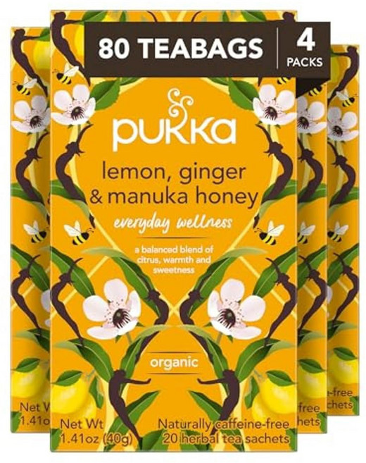 Pukka Herbs 유기농 레몬 생강 및 마누카 허니 허브 티 면역 강화 유기농 차 주입 셀렉션 강황 포함 일일 지원에 이상적 총 티백 20개, 40g