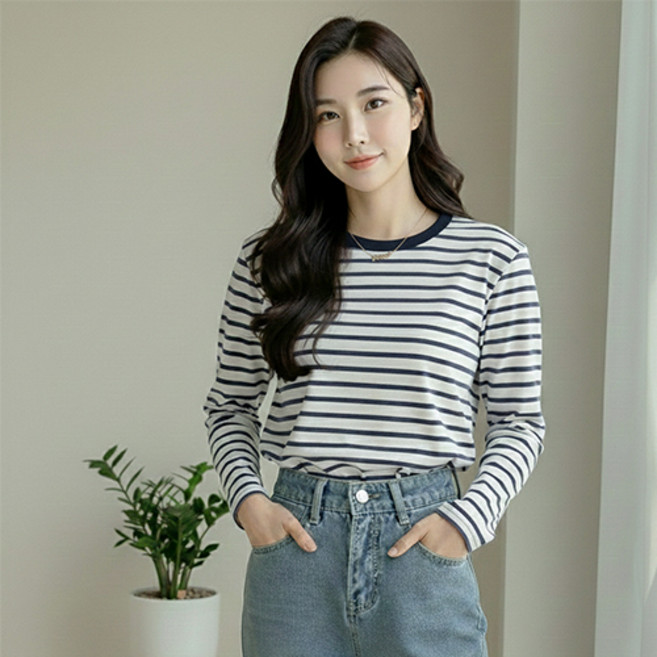 데일로엔 여성 라운드넥 줄무늬 긴팔 티셔츠