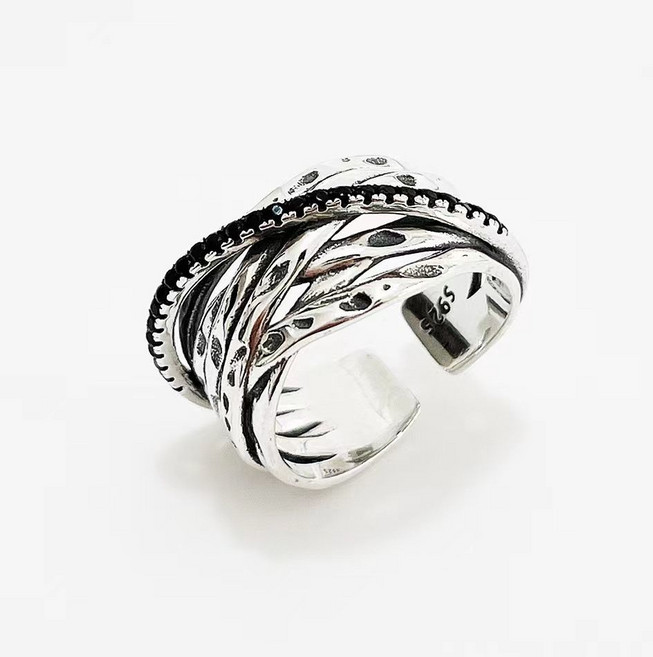 復古線條鍍銀指環, 1個, 復古線條戒指開口可調節