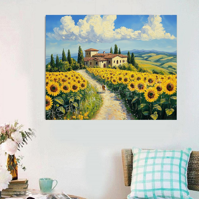 돈들어오는 생기 보석십자수 DIY세트 액자 캔버스형 풍수 그림 50X40cm 대형 와이드 돈벼락 재물복 주방 거실 현관 인테리어 장식품 재물운 개업 이사선물, 1개, PK-7 해바라기 들판