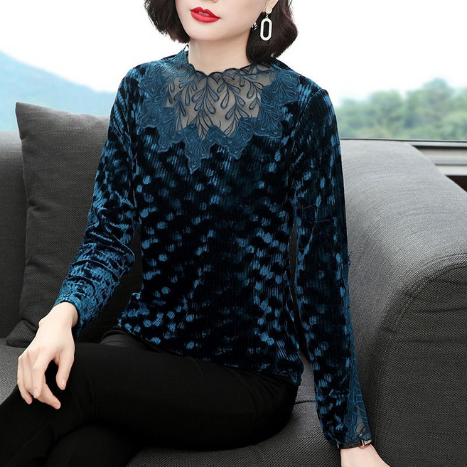 COSYEVNO 중년 엄마 셔츠 가을 라운드 벨벳 레이스 패치 빅사이즈 심플 패션 루즈핏 엘레강스 캐주얼 편안한 긴팔 상의 CXJcs-44