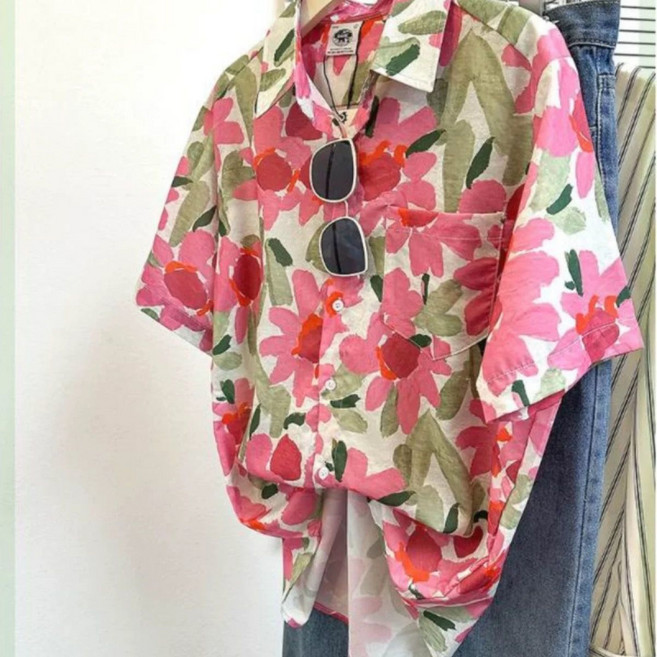 해피유통 여성 빈티지 플라워 셔츠 여름 패션 반팔 탑 jhljq