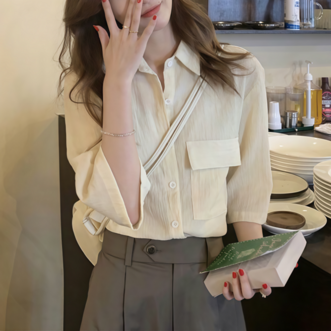 Makone 여성 카라넥 빈티지 셔츠 포켓 포인트 솔리드 트랜드 루즈핏 상의 칠부 소매 블라우스