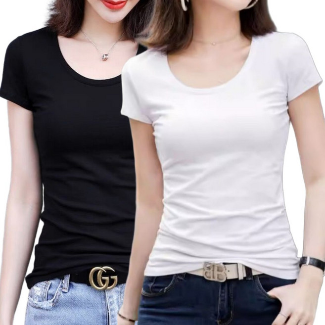 빠른토끼 여성 U넥 반팔티 슬림 이너웨어 반팔 날씬 스판 데일리 무지 유넥 캐주얼 1+1