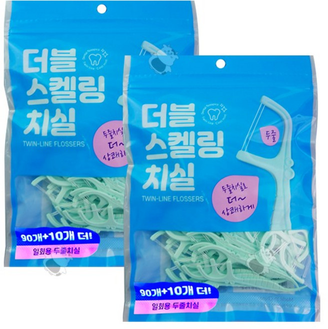 더블 스켈링 치실 90개 +10개 더! 일회용 두줄치실 상쾌한 민트향, 2개, 100개입
