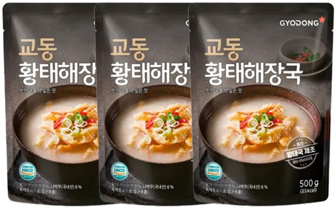 [JW MALL] 황태살 들기름 우려낸 뽀얀 국물 황태해장국/국내산 나박무 숙취해장국/즉석국 간편식 국탕찌개 대표 교동 GYODONG, 3개, 500g