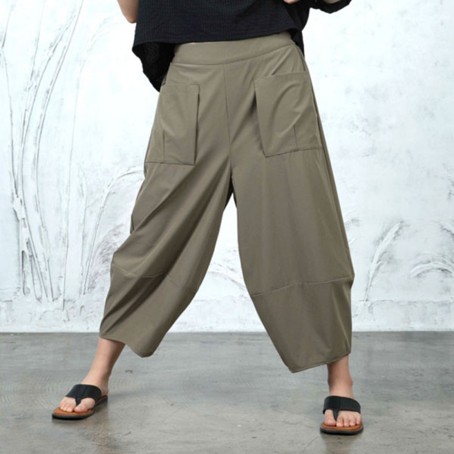 벅시루 여성 이지 입체포켓 절개 폴리 8부 여자 미시옷 여름 뒷밴딩 소세지 배기바지