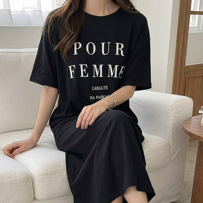 데일리앤 페이븐 라운드 박시 면 반팔 롱 원피스 홈웨어 꾸안꾸 등하원 마실룩