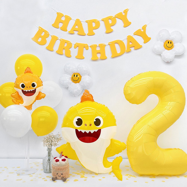 파티아일랜드 HBD 아기 상어 파티 세트 생일 동물 아이 핑크퐁 풍선, 1세트, 숫자 2