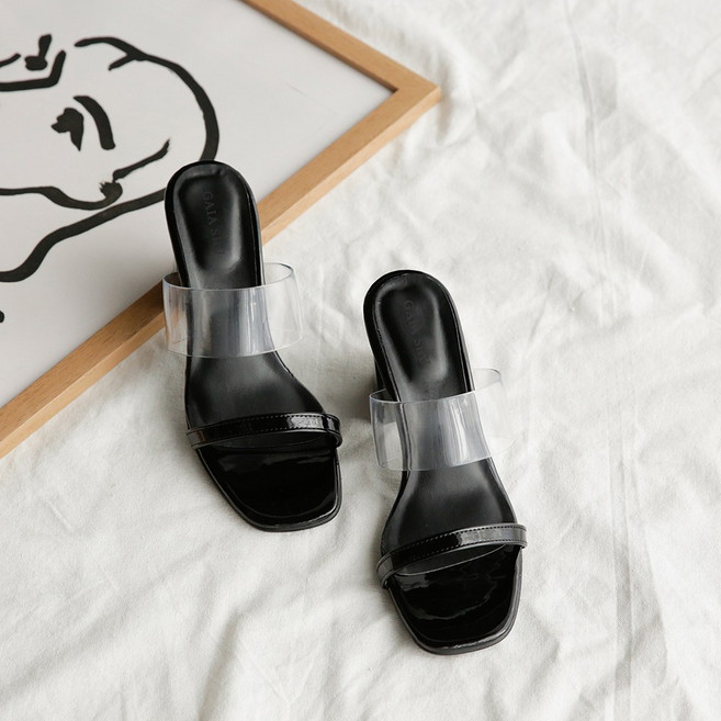 발편한 여름 투명 스트랩 뮬 힐 8cm 여성 슬리퍼