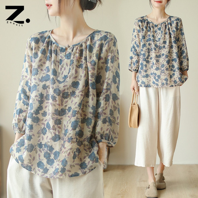 Zoovit 중년 여성 루즈핏 라운드 면마 셔츠 프린트 얇은 린넨 블라우스