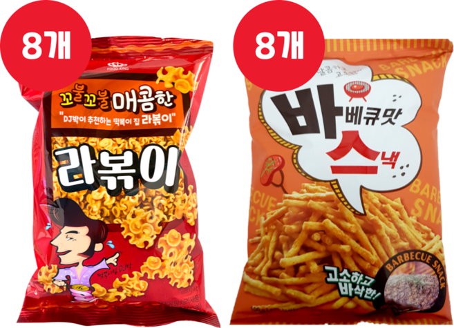 푸드킹 달콤하고 고소한 바베큐맛스낵 100g 8개 + 매콤한 라볶이 80g 8개 (총16개), 1개, 상세페이지 참조