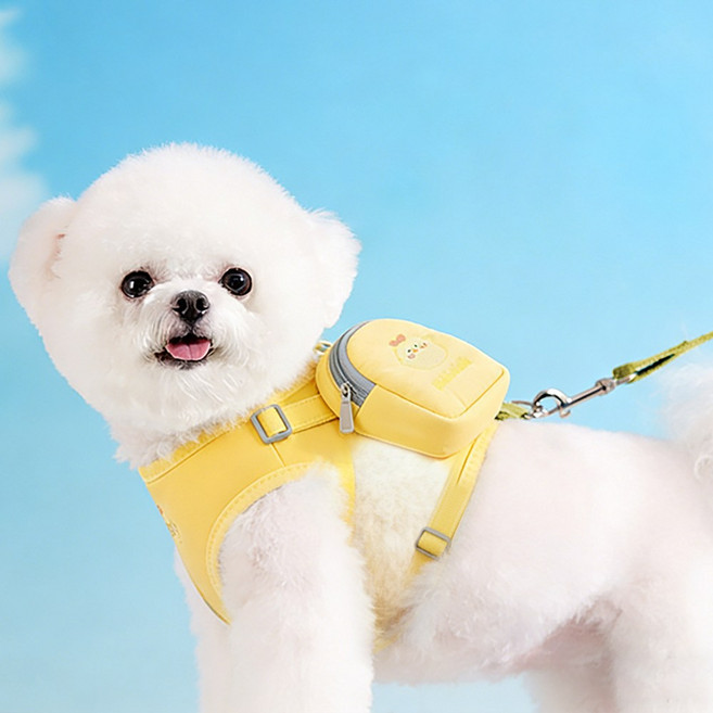 사시한사 강아지 초경량 하네스 리드줄 세트 오리 백팩 디자인 앞섬방지 목보호, 1개, 노란색
