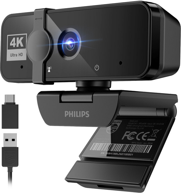 PHILIPS 4K UHD 웹캠 노이즈캔슬링 마이크 내장 PC 화상회의 방송용, BLACK, SPL6418
