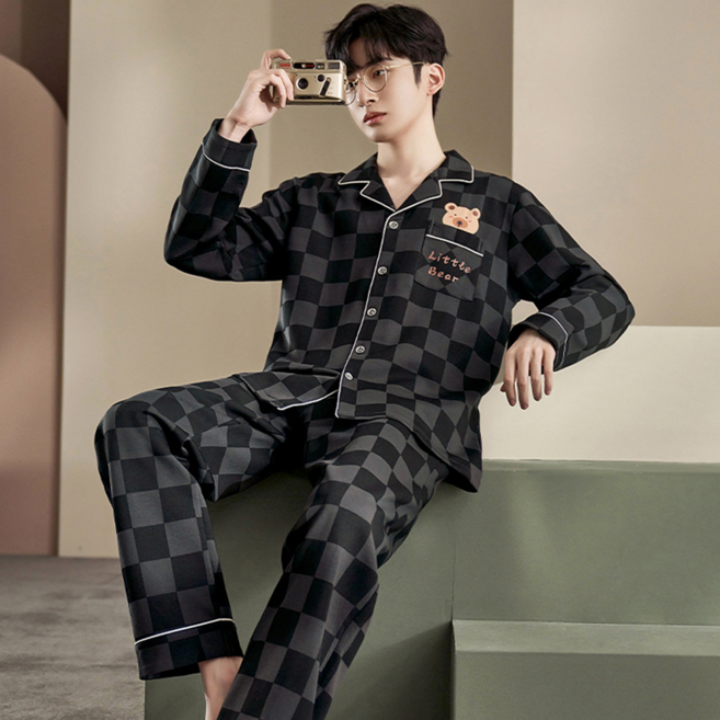 ANYOU 커플 긴팔 잠옷 순면 체크 곰돌이 잠옷 러블리 커플 잠옷 상의 바지 잠옷세트