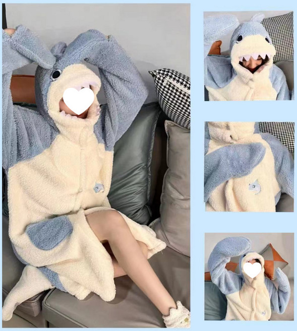 Homi Zon 남녀공용 동물 잠옷 귀요운 상어 캐릭터 겨울 커플 홈웨어 파자마 입는 담요 루즈핏
