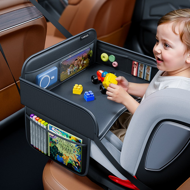CABULE 유아 차량 카시트 트레이 접이식 가죽 키즈 놀이테이블, 블랙, 1개