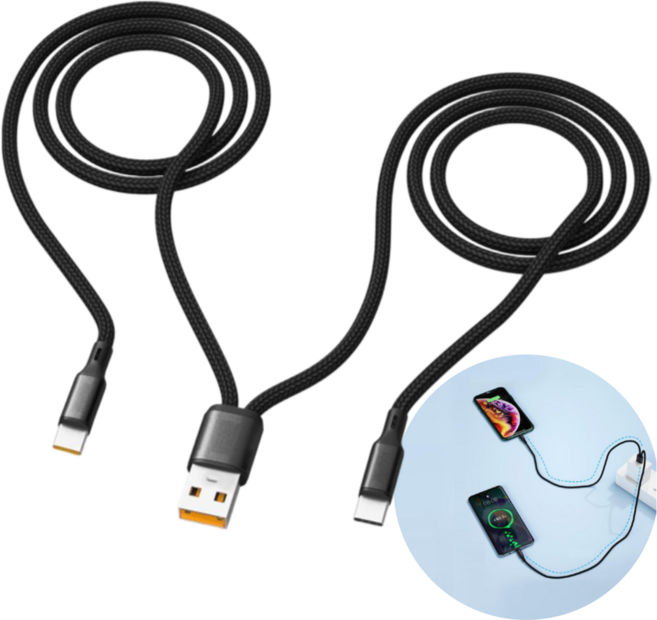 1.2m 여유 길이 6A 67W 초고속 2in1 USB to C타입 충전 케이블, 1개, 블랙, 120cm