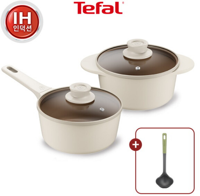 [테팔] [에센셜 국자증정] 인덕션 아이콘 세라믹 냄비 오트밀크 2종 (편수18+양수18), 1세트, 18cm