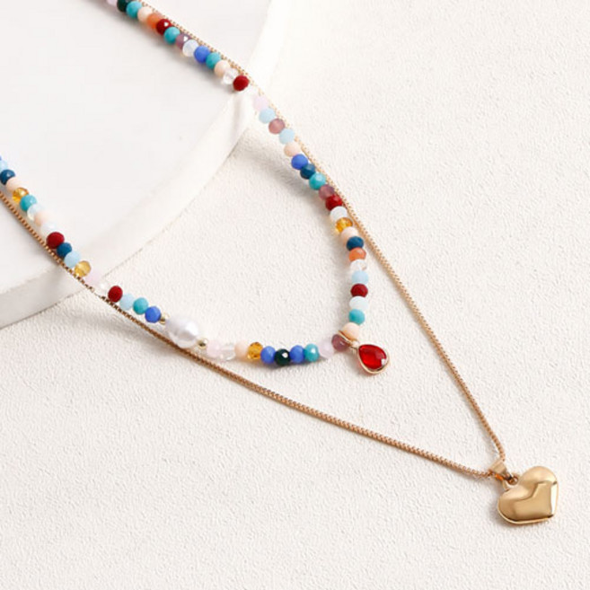 티큐 여성 바캉스 페스티벌 컬러 비즈 진주 골드 체인 하트 팬던트 두줄 레이어드 목걸이 A2232