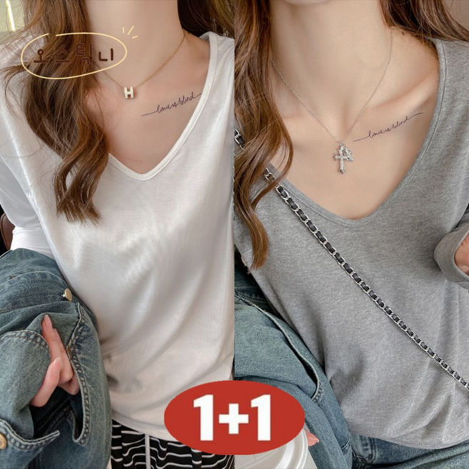 오스틱니 (완전 편한) 100kg까지 빅사이즈 2025 여성용 봄가을 V넥 환절기 슬림핏 스포츠 캐주얼 루즈핏 가성비 긴팔 티셔츠 2종 세트