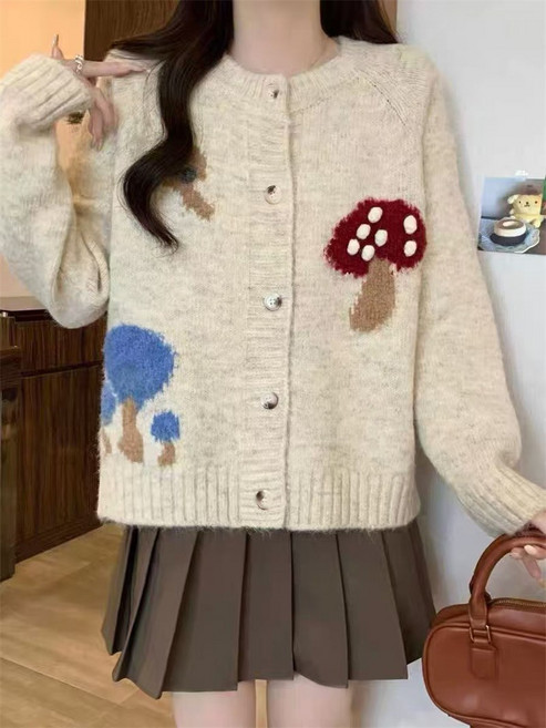 可愛蘑菇圖案針織外套 女款 寬鬆鈕扣開襟毛衣