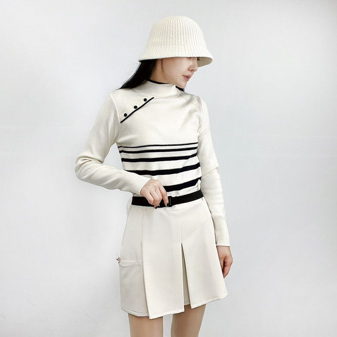 투솜 여성골프니트 여자골프니트 사선단추 스트라이프 니트 여자 봄 가을 겨울 골프니트 반목 폴라 여성골프웨어 신축성