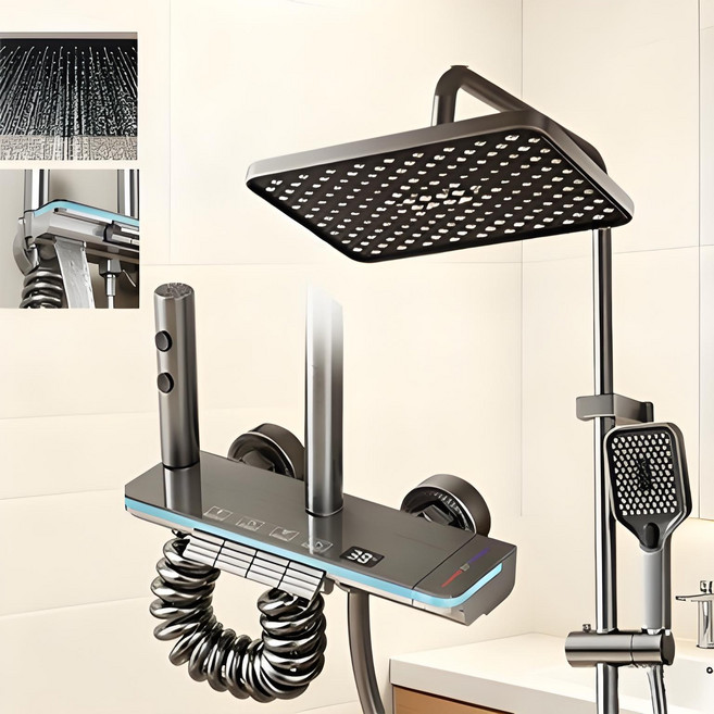 해바라기 샤워기 세트 선반형 원터치 4단 조절 샤워 헤드 세트 수압상승 샤워기 샤워수전 세트+연장봉, 블랙, 1개