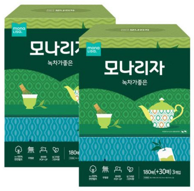 모나리자 녹차가좋은 미용티슈 180+30매3입8팩 각티슈, 3매