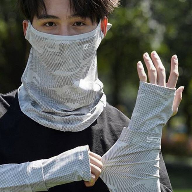[팔토시+마스크] 냉감 자외선차단 팔토시 마스크 세트 남녀공용 메쉬 쿨토시 운전 등산 낚시 자전거, 1개, 연그레이