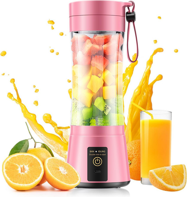스무디 및 쉐이크용 휴대용 블렌더 - 개인 사이즈 미니 블렌더 380ml 여행용 컵 강력한 블렌딩을 위한 6개의 스테인리스 스틸 블레이드 가정/여행/체육관/사무실용 신선한, Pink
