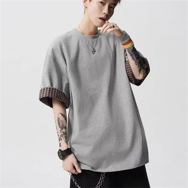 VEZRI 여성 남성 겸용 여름 체크 무지 반팔 티셔츠 라운드넥 롤업 소매 베이직 디자인 캐주얼 루즈핏