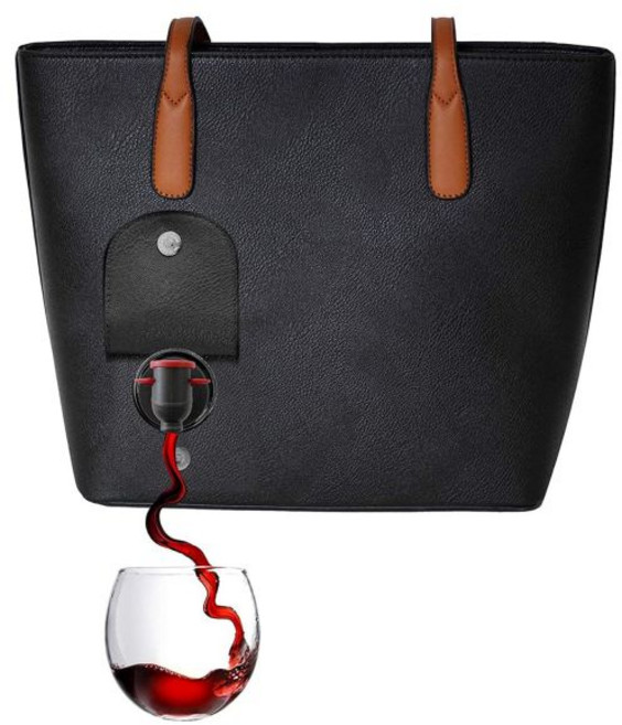 포르토비노 클래식 토트백 | 비건 가죽 와인 파우치 은밀한 스파우트 디스펜서 플라스크 포함 애호가를 위한 2병 분량 휴대 및 따르기 여행 콘서트 결혼식 전야 파티용 - 가지색, 검정