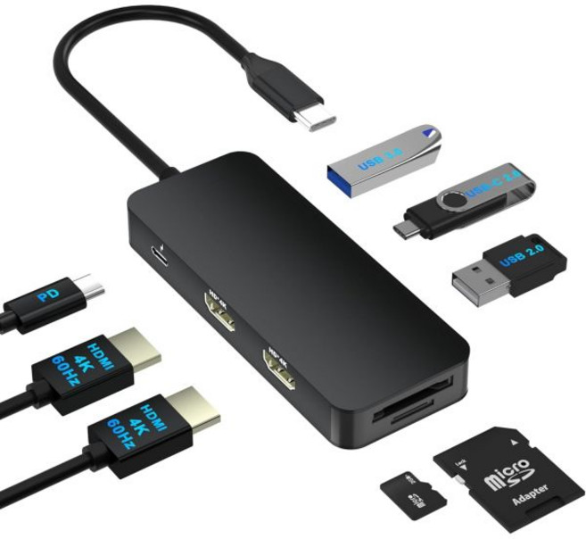 Dell/HP/Lenovo/Mac용 노트북 도킹 스테이션 3 모니터 15인치 USB C 듀얼 모니터(M.2 NVMe SSD 슬롯 포함) 4K@60Hz 트리플 디스플레이 도크, 8 IN 1 4K@60hz Black