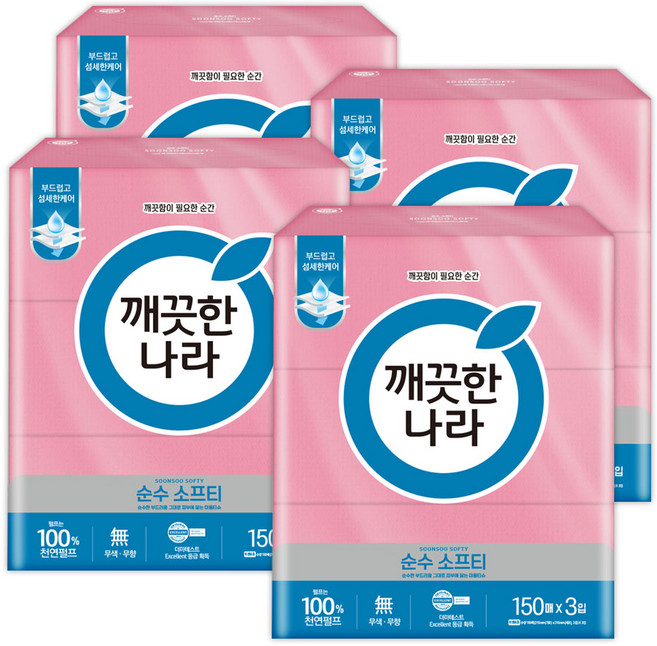 깨끗한나라 미용티슈 순수 소프티 150매 3입 4팩, 12개