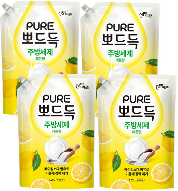 피죤 퓨어 뽀드득 주방세제 레몬향, 1.2L, 4개