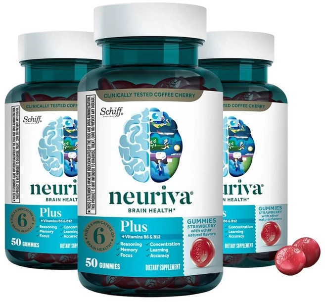 NEURIVA Plus 뇌건강 기억력 집중력 향상 두뇌보충제 구미젤리 50개입 x3통 딸기맛 쉬프 뉴리바 미국 직배송, 50정 - 쿠팡