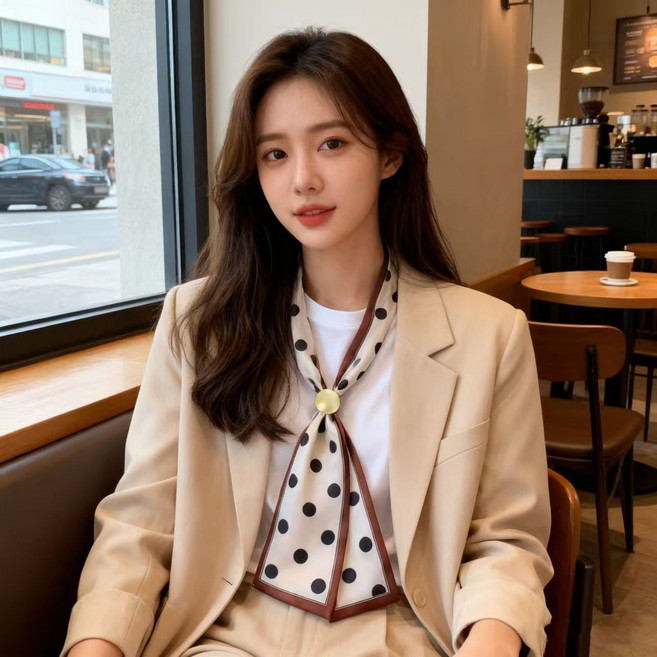 롱타이 쁘띠 스카프 실크 사각 도트 라인 머플러