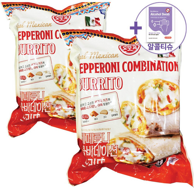 오뚜기 리얼 멕시칸 페페로니 브리또 750G X 2 [아이스박스] + 더메이런알콜티슈, 125g, 12개