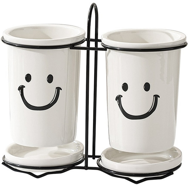 피카우스 스마일 도자기 물빠짐 수저통 싱크대 수저정리함 2구, 1개, 화이트