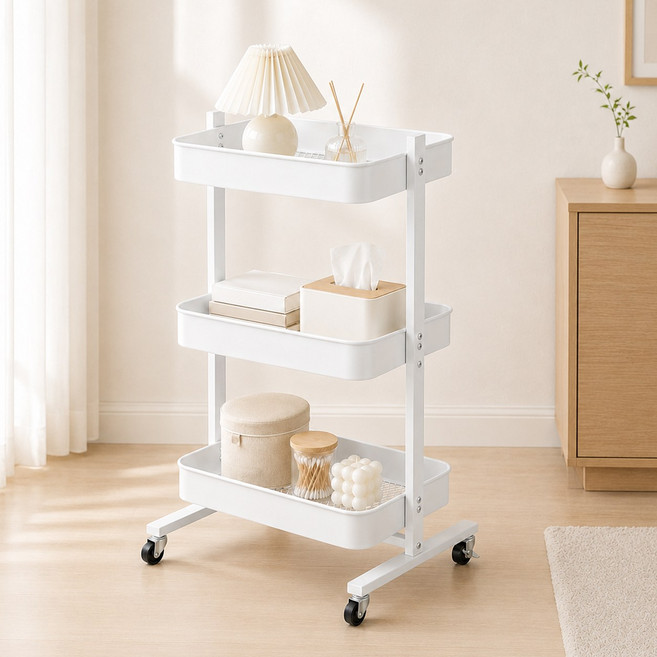 ZOES HOMEWARE 이동식 트롤리 수납카트 튼튼한 철제 3단 선반, 화이트
