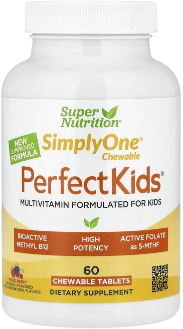 Super Nutrition SimplyOne® Perfect Kid's® 종합비타민 B12 블루베리 향신료 비타민A 엽산 함유 츄어블 60정, SuperNutritionSimplyOnePerfect, 1개 - 쿠팡