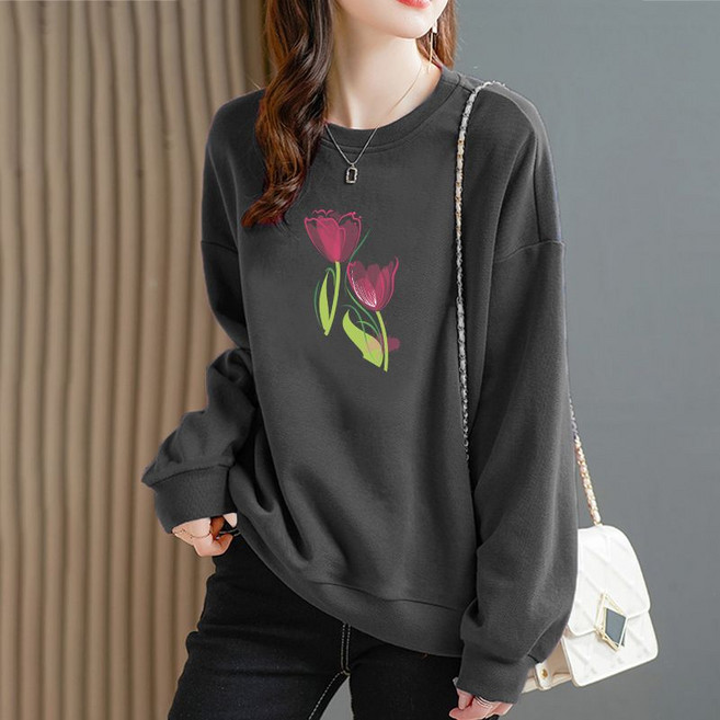 Makone 여성 순면 맨투맨 꽃무늬 프린트 캐주얼 코튼 긴팔티 봄 가을 빅사이즈 편안한 데일리룩