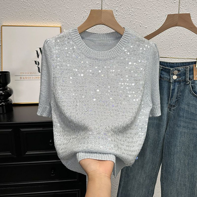 ROYALBELLE 여성 라운드넥 반팔 니트 티셔츠 스팽글 데일리 캐주얼 루즈핏 반짝이 니트티 E0042220