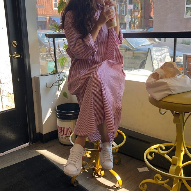 [에이진] 스트라이프 롱 셔츠 원피스 (2colors)